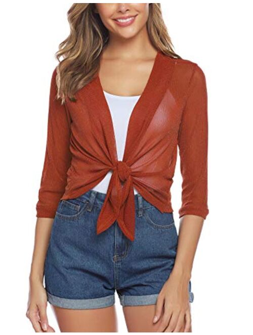 iClosam Womens Sheer Shrug Tie Front 3/4 Sleeve Cropped Bolero Cardigan