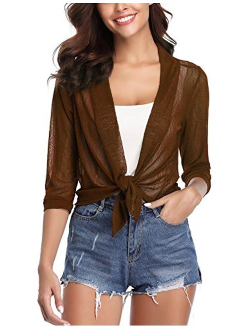 iClosam Womens Sheer Shrug Tie Front 3/4 Sleeve Cropped Bolero Cardigan