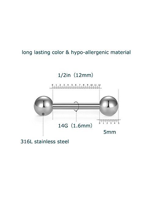 vcmart 12mm-18mm 14G Tongue Rings Nipple Straight Barbells Surgical Steel Body Piercing Jewelry