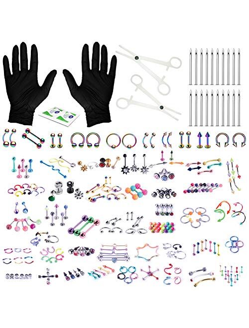 BodyJ4You 156PC Body Piercing Kit Lot 14G 16G Belly Ring Labret Tongue Tragus Random Mix Jewelry