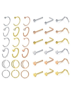 Surgical Stainless Steel 20G 8mm Nose Rings Hoop L Shaped Bone Screw Nose Rings Studs 32pcs Nose Piercing Jewelry Set