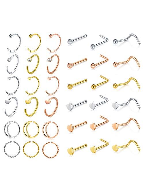 D.Bella Surgical Stainless Steel 20G 8mm Nose Rings Hoop L Shaped Bone Screw Nose Rings Studs 32pcs Nose Piercing Jewelry Set