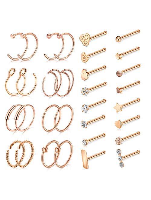 D.Bella Surgical Stainless Steel 20G 8mm Nose Rings Hoop L Shaped Bone Screw Nose Rings Studs 32pcs Nose Piercing Jewelry Set