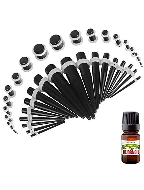 BodyJ4You 32PC Gauges Kit Ear Stretching Aftercare Jojoba Oil Wax 12G-00G Acrylic Plug Taper