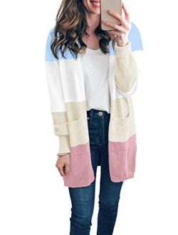 TASAMO Womens Color Block Striped Draped Kimono Cardigan Long Sleeve Open Front Casual Knit Sweaters Coat Soft Outwear