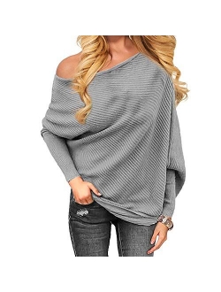 Golden service Women's Off Shoulder Sweater Knit Jumper Long Sleeve Pullover Baggy Solid Sweater