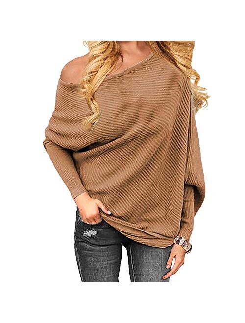 Golden service Women's Off Shoulder Sweater Knit Jumper Long Sleeve Pullover Baggy Solid Sweater