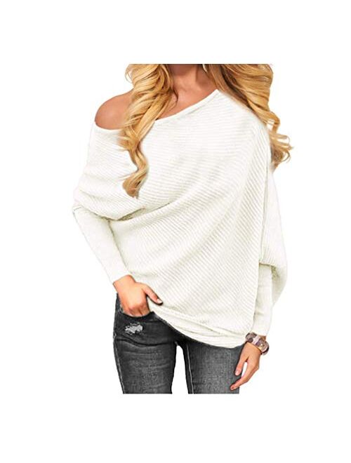 Golden service Women's Off Shoulder Sweater Knit Jumper Long Sleeve Pullover Baggy Solid Sweater