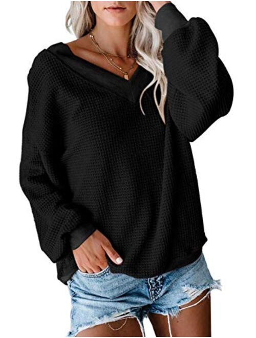 Golden service Women's Off Shoulder Sweater Knit Jumper Long Sleeve Pullover Baggy Solid Sweater