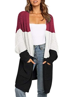 BTFBM Women Long Sleeve Open Front Plain Knit Cardigan Fashion Color Block Striped Slouchy Loose Pockets Sweater Outwear