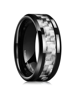 King Will GENTLEMAN 8mm Black Tungsten Carbide Ring Black/Red/Green/Blue Carbon Fiber Inlay Polished Finish Edges Comfort Fit