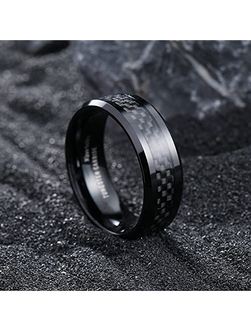 King Will GENTLEMAN 8mm Black Tungsten Carbide Ring Black/Red/Green/Blue Carbon Fiber Inlay Polished Finish Edges Comfort Fit