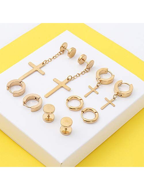 NEWITIN 15 Pairs Stainless Steel Cross Earrings Hypoallergenic Earrings Hinged Hoop Dangle Cross Earrings for Men and Women