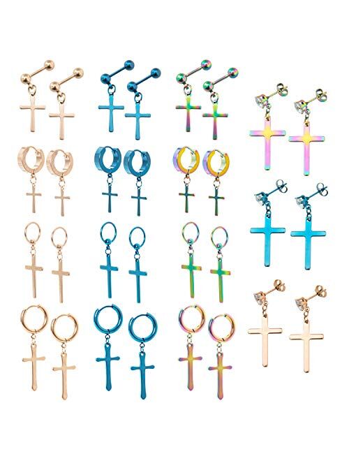 NEWITIN 15 Pairs Stainless Steel Cross Earrings Hypoallergenic Earrings Hinged Hoop Dangle Cross Earrings for Men and Women