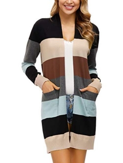 Yidarton Women's Open Front Cardigan Long Sleeve Sweaters Shrugs Color Block Tops with Pockets