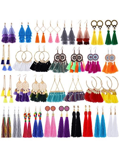 AROIC 26-32 Pairs Tassel Earrings with Colorful Tassel Long Layered Dangle Hoop Tiered Thread Earrings Set for Women Girls Jewelry Fashion and Valentine Birthd