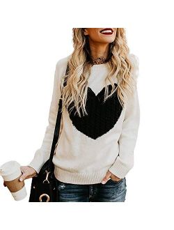 Exlura Women's Casual Sweater Heart Pattern Patchwork Pullover Long Sleeve Crew Neck Knits Loose Top