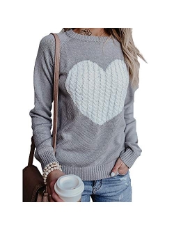 Exlura Women's Casual Sweater Heart Pattern Patchwork Pullover Long Sleeve Crew Neck Knits Loose Top