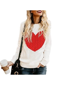 Exlura Women's Casual Sweater Heart Pattern Patchwork Pullover Long Sleeve Crew Neck Knits Loose Top