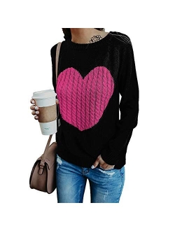 Exlura Women's Casual Sweater Heart Pattern Patchwork Pullover Long Sleeve Crew Neck Knits Loose Top