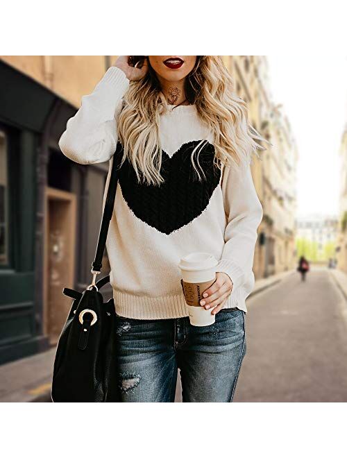 Exlura Women's Casual Sweater Heart Pattern Patchwork Pullover Long Sleeve Crew Neck Knits Loose Top