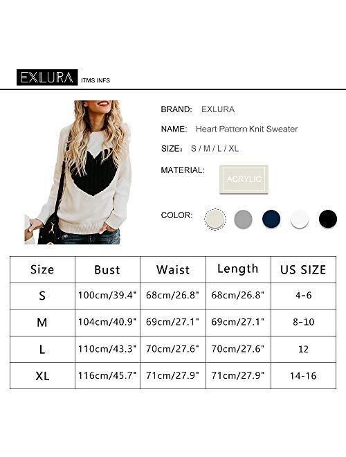 Exlura Women's Casual Sweater Heart Pattern Patchwork Pullover Long Sleeve Crew Neck Knits Loose Top