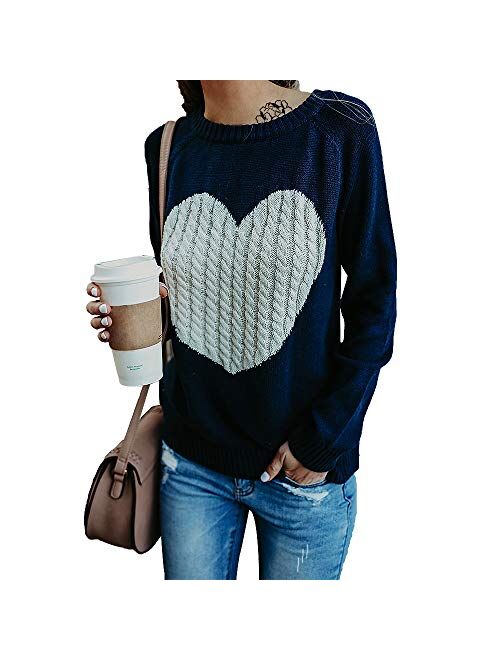 Exlura Women's Casual Sweater Heart Pattern Patchwork Pullover Long Sleeve Crew Neck Knits Loose Top