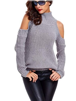 Choies Women Black Turtleneck Cut Out Cold Shoulder Ribbed Knit Slim Pullover Sweater