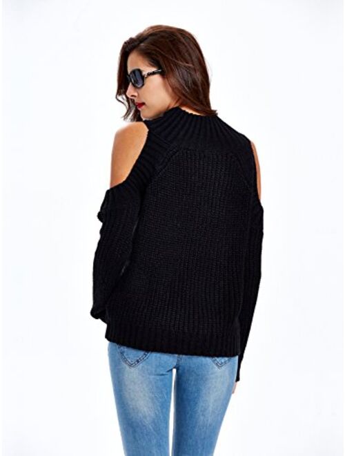 Choies Women Black Turtleneck Cut Out Cold Shoulder Ribbed Knit Slim Pullover Sweater