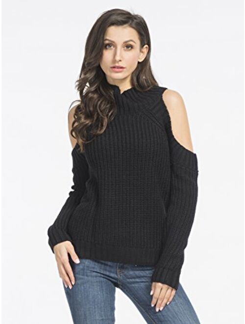 Choies Women Black Turtleneck Cut Out Cold Shoulder Ribbed Knit Slim Pullover Sweater