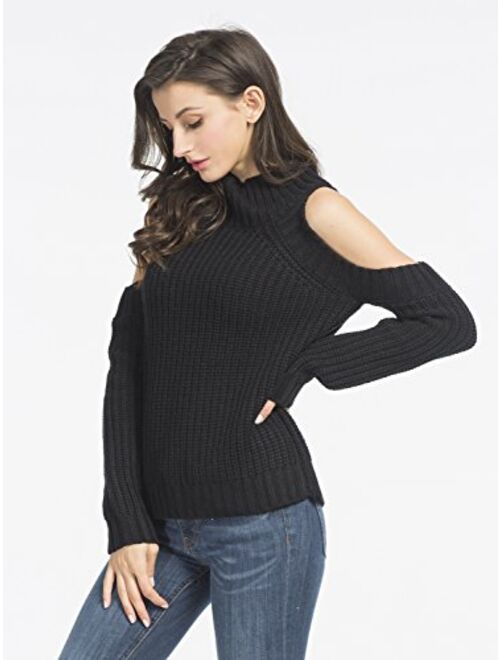 Choies Women Black Turtleneck Cut Out Cold Shoulder Ribbed Knit Slim Pullover Sweater