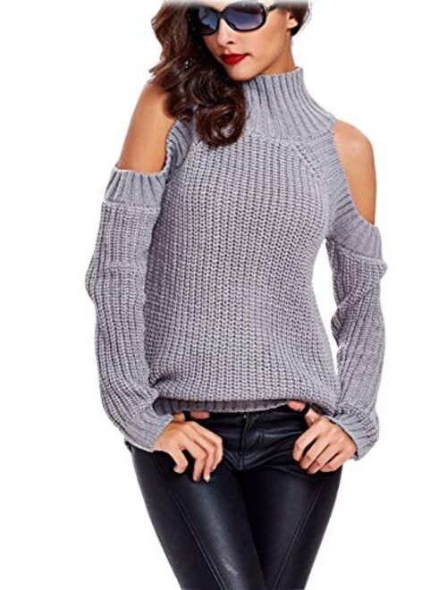 Choies Women Black Turtleneck Cut Out Cold Shoulder Ribbed Knit Slim Pullover Sweater