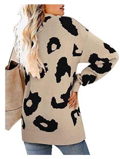 LAISHEN Women's Long Sleeve Crew Neck Leopard Print Casual Loose Knitted Pullover Sweater Tops