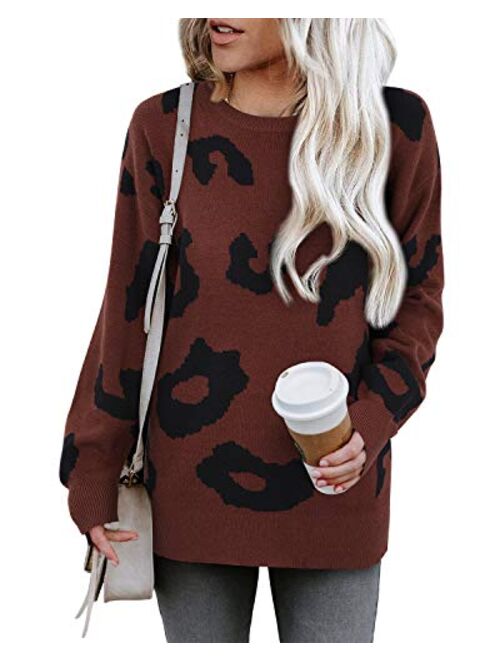 LAISHEN Women's Long Sleeve Crew Neck Leopard Print Casual Loose Knitted Pullover Sweater Tops