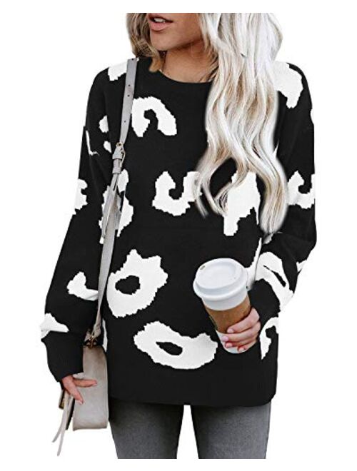 LAISHEN Women's Long Sleeve Crew Neck Leopard Print Casual Loose Knitted Pullover Sweater Tops