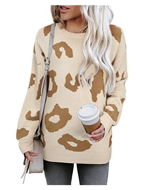 LAISHEN Women's Long Sleeve Crew Neck Leopard Print Casual Loose Knitted Pullover Sweater Tops