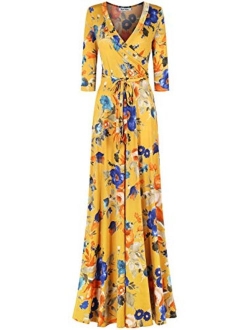 Bon Rosy Women's #madeinUSA 3/4 Sleeve Mock Wrap Mother's Day Baby Wedding Shower Floral Maxi Dress