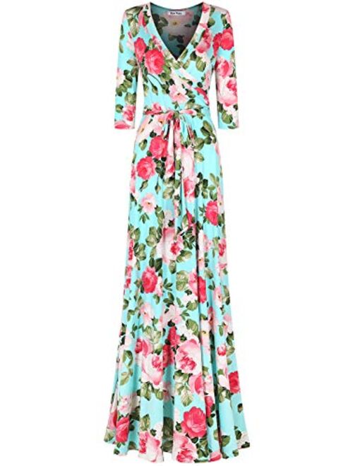 Bon Rosy Women's #madeinUSA 3/4 Sleeve Mock Wrap Mother's Day Baby Wedding Shower Floral Maxi Dress