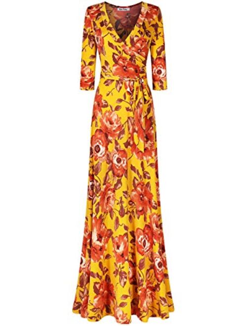 Bon Rosy Women's #madeinUSA 3/4 Sleeve Mock Wrap Mother's Day Baby Wedding Shower Floral Maxi Dress