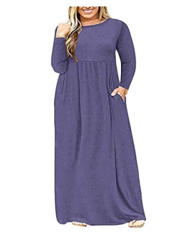 KARALIN Women's Plus Size Long Sleeve Loose Plain Casual Long Maxi Dresses with Pockets