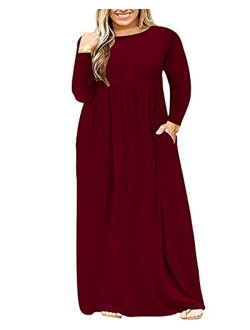 KARALIN Women's Plus Size Long Sleeve Loose Plain Casual Long Maxi Dresses with Pockets