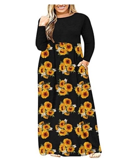 KARALIN Women's Plus Size Long Sleeve Loose Plain Casual Long Maxi Dresses with Pockets