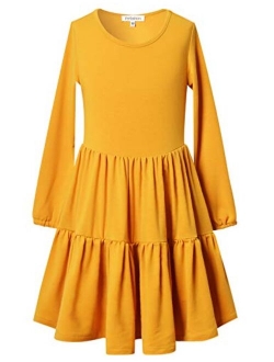 Perfashion Girls Ruffle Swing Dress Round Neck Flowy Long Sleeve Dress with Elastic Cuffs