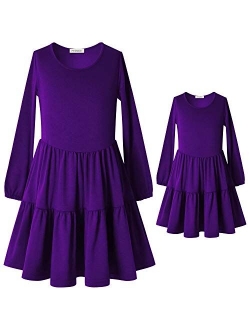 Perfashion Girls Ruffle Swing Dress Round Neck Flowy Long Sleeve Dress with Elastic Cuffs