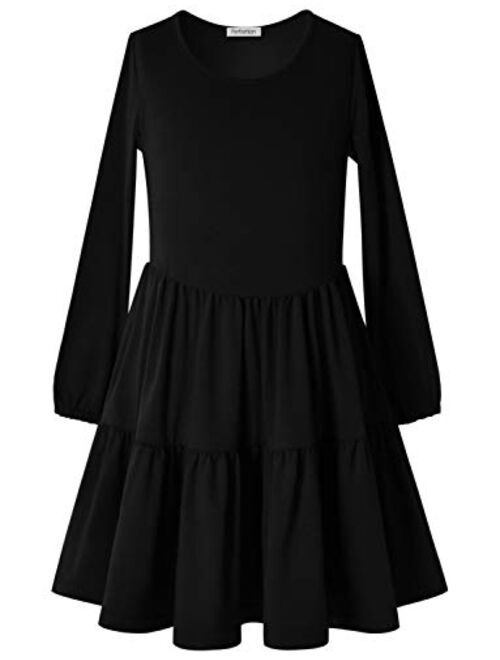 Perfashion Girls Ruffle Swing Dress Round Neck Flowy Long Sleeve Dress with Elastic Cuffs