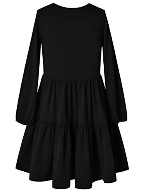 Perfashion Girls Ruffle Swing Dress Round Neck Flowy Long Sleeve Dress with Elastic Cuffs