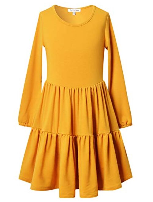 Perfashion Girls Ruffle Swing Dress Round Neck Flowy Long Sleeve Dress with Elastic Cuffs