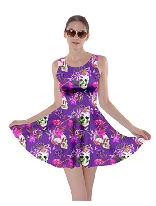 CowCow Womens Sugar Skull Flowers Floral Skeleton Mexican Day of Dead Roses Skater Dress, XS-5XL