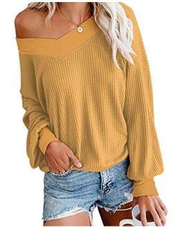 AUSELILY Womens V Neck Long Sleeve Casual Waffle Knit Tops Off Shoulder Pullover Sweater