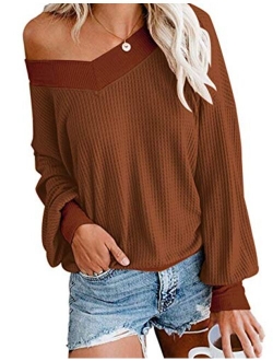 AUSELILY Womens V Neck Long Sleeve Casual Waffle Knit Tops Off Shoulder Pullover Sweater